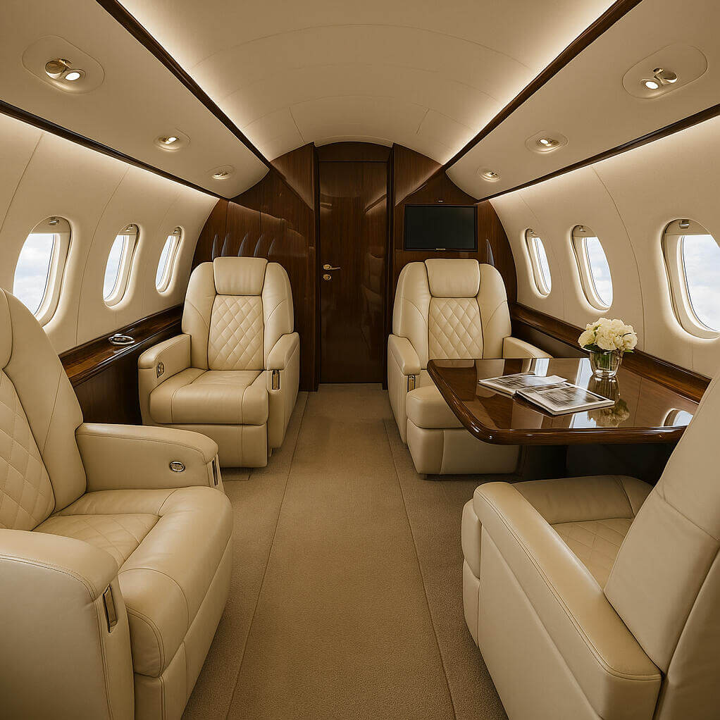 Luxury private jet cabin interior with premium seating